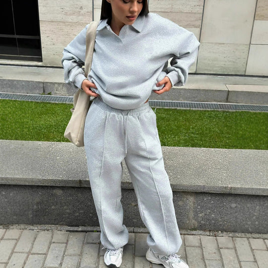 Damen Relaxed Polo-Sweatshirt mit V‑Notch und geraffter Tunnelzug-Jogginghose Shop Nory