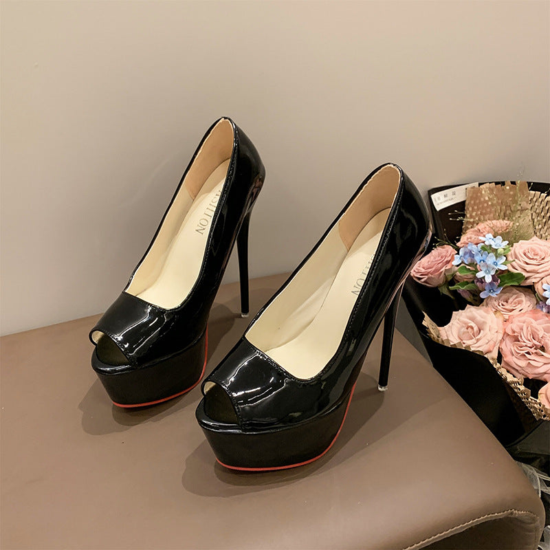Damen Offene Zehen Plateau‑Stiletto mit hohem Absatz und Lackfinish Shop Nory
