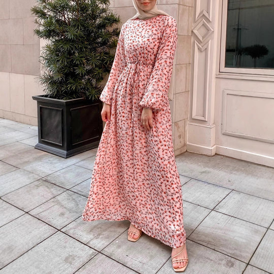 Damen Geblümtes Maxikleid mit Kordel-Taille und Ballonärmeln Shop Nory
