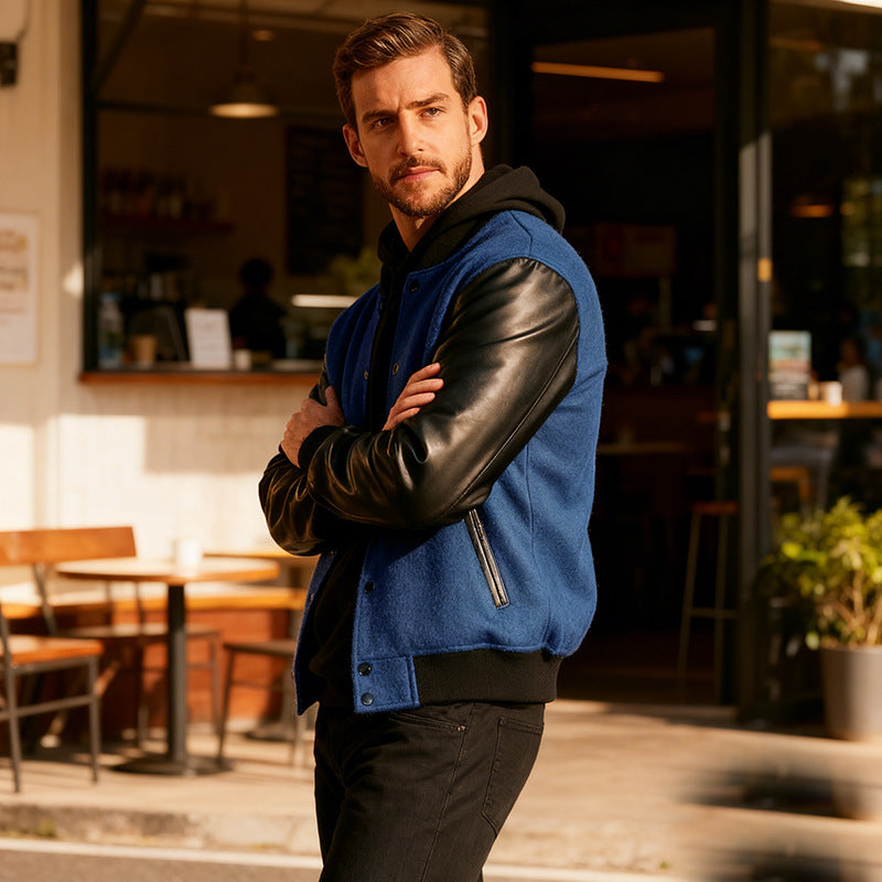 Herren Varsity‑Bomberjacke im College‑Stil mit Wollkörper und Lederärmeln Shop Nory