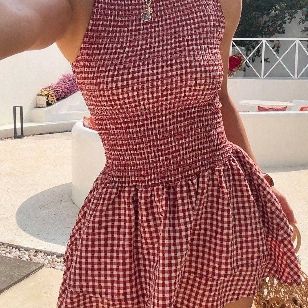 Damen ärmelloses Mini-Dress mit Karomuster und elastischem Bund