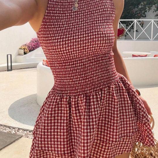 Damen ärmelloses Mini-Dress mit Karomuster und elastischem Bund