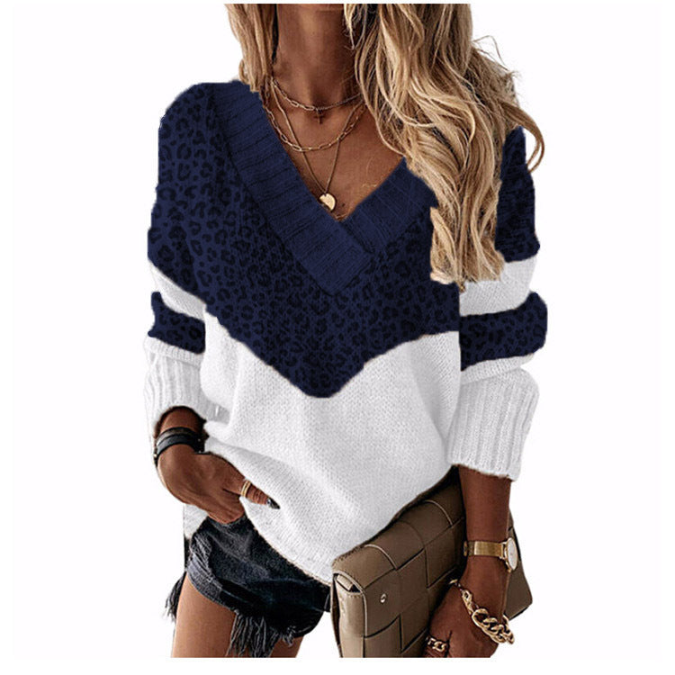 Damen V‑Ausschnitt Strickpullover mit Leo‑Print und Colorblock‑Design Shop Nory