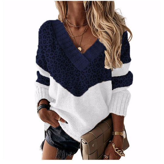 Damen V‑Ausschnitt Strickpullover mit Leo‑Print und Colorblock‑Design Shop Nory