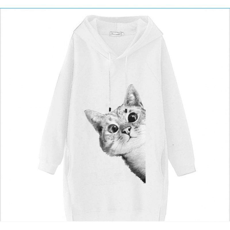 Damen Oversize Kapuzenkleid aus Sweat mit großem Katzenprint und Seitentaschen Shop Nory