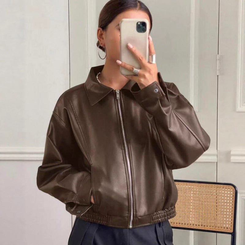 Damen Oversized Lederjacke im Bomberstil mit elastischem Saum Shop Nory