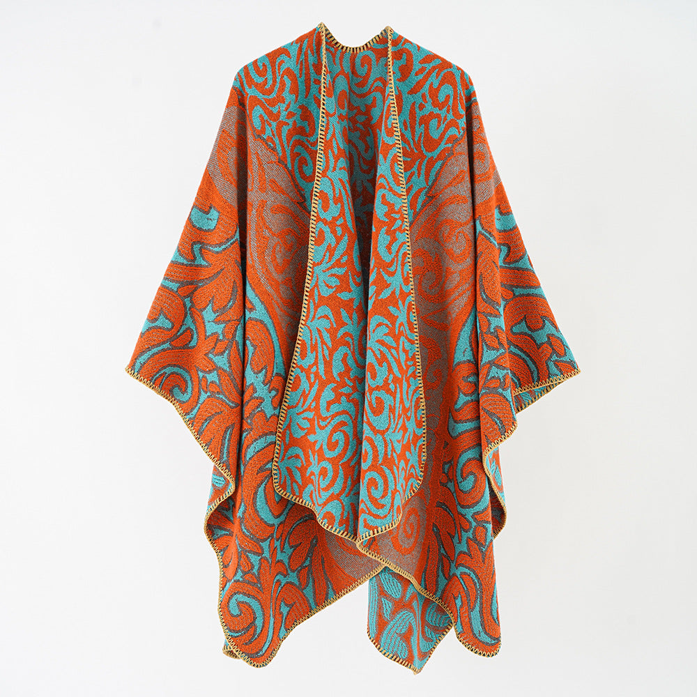 Damen Ornamentaler Jacquard-Capeponcho mit offenem Fall und kastiger Silhouette Shop Nory