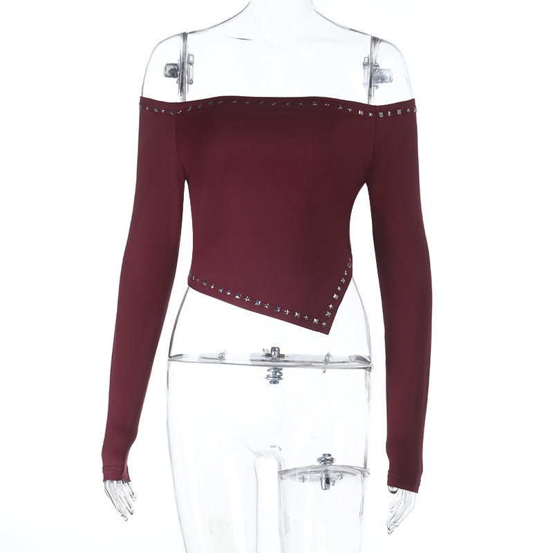 Damen Asymmetrisches Off-Shoulder-Crop-Top mit langen Ärmeln und Nietenbesatz Shop Nory