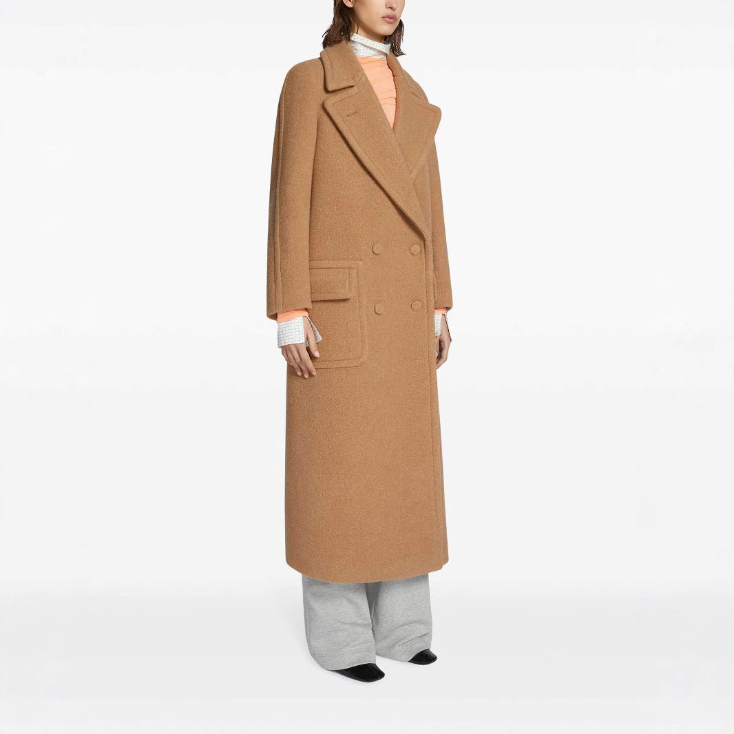Damen Maxi Doppelreihiger Wollmantel mit übergroßem Revers und Pattentaschen Shop Nory