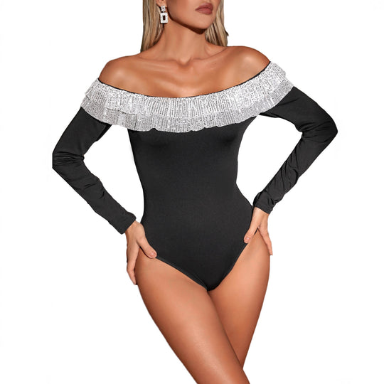 Damen Schulterfreier Bodysuit mit Pailletten-Volant und Langarm Shop Nory