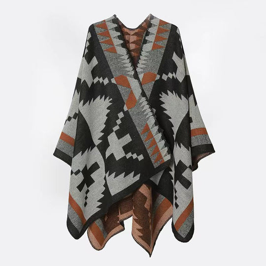 Damen Oversize-Capeponcho im Azteken-Jacquard aus weichem Wollmix mit asymmetrischem Zipfelsaum Shop Nory