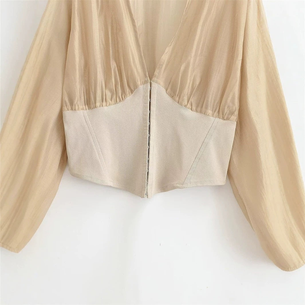 Damen Cropped Chiffon-Bluse mit tiefem V-Ausschnitt und tailliertem Korsettbund Shop Nory