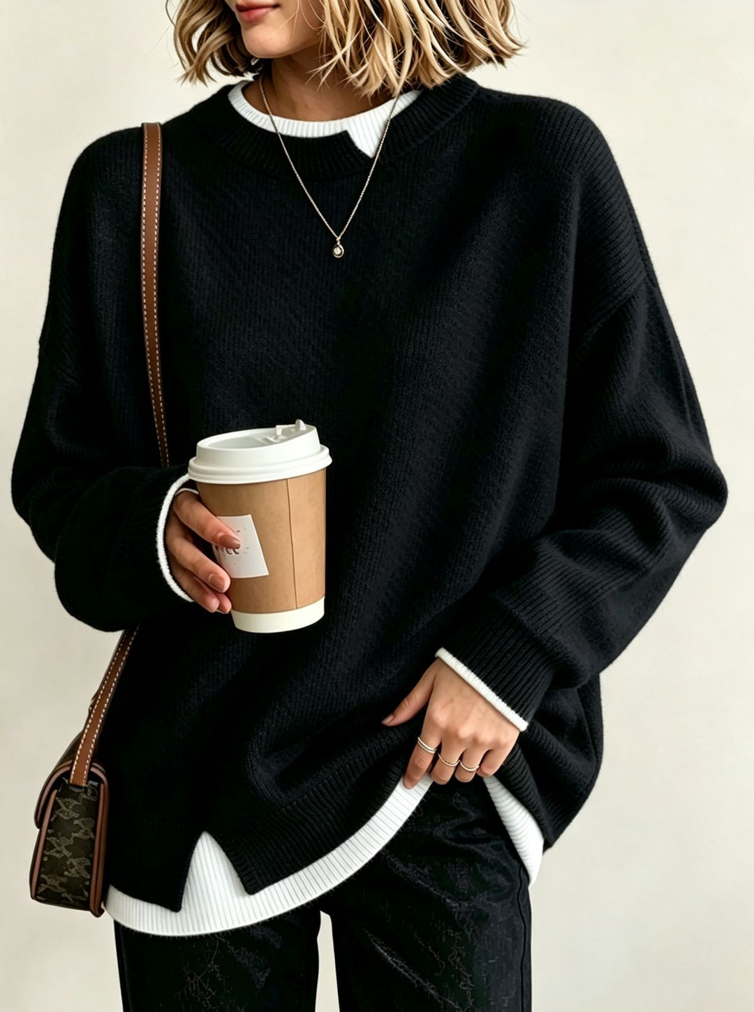 Damen Oversize Rundhals-Feinstrickpullover mit überschnittenen Schultern und Seitenschlitzen Shop Nory
