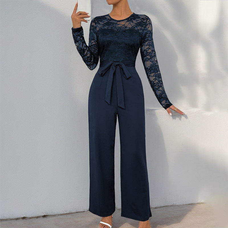 Damen Eleganter Jumpsuit mit Spitzenoberteil und tailliertem Bund