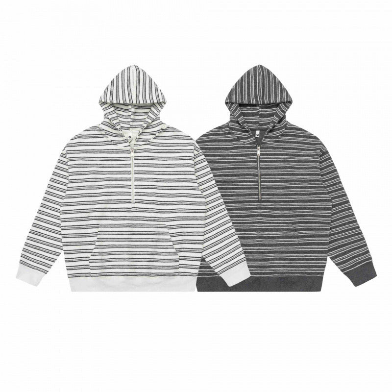 Unisex Oversize-Kapuzenpullover mit halbem Reißverschluss, Streifenmuster und Kängurutasche Shop Nory