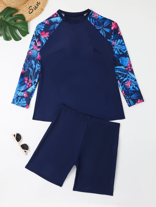 Damen UV-Schutz Surfanzug Set mit langen Ärmeln und farbenfrohem Blattmuster