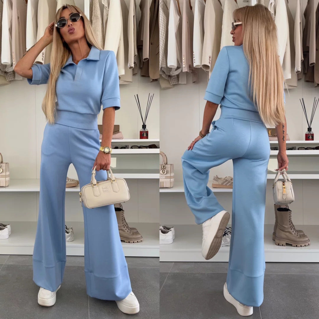 Damen Elegantes Scuba-Loungewear-Set mit Polokragen und taillenhoher Palazzo-Hose Shop Nory