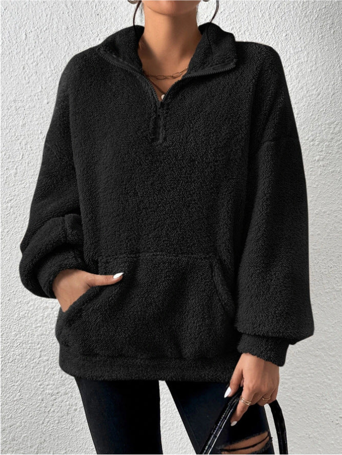 Damen Kuscheliger Fleece-Pullover mit Stehkragen und Eingrifftaschen
