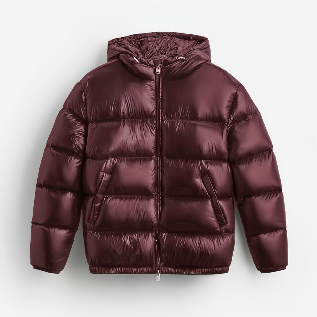Damen Oversized Steppjacke mit Kapuze und Hochglanzfinish Shop Nory