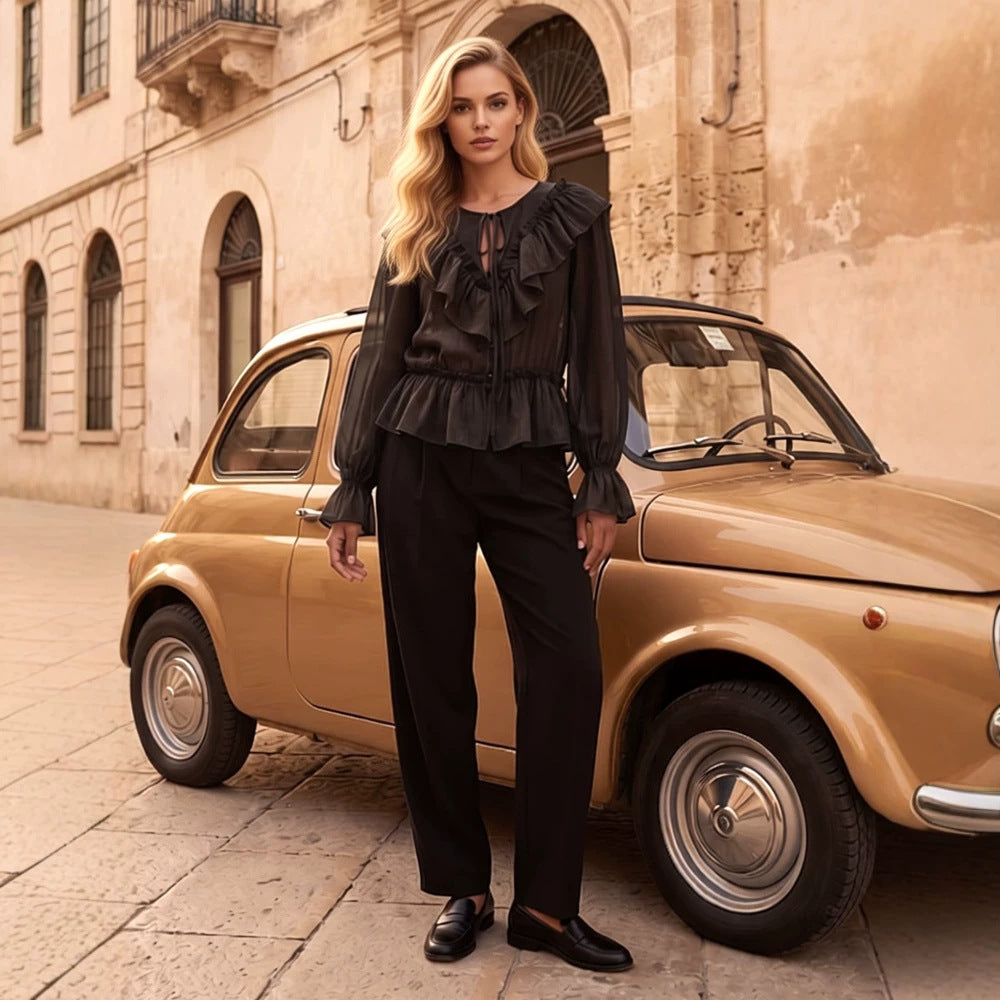 Damen Rüschige transparente Chiffonbluse mit Volant-Peplum, langen Ballonärmeln und Kordelverschluss Shop Nory