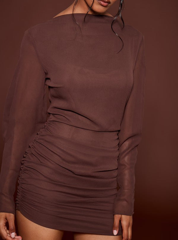 Damen Figurbetontes Minikleid mit geraffter Hüftpartie und transparenten Chiffonärmeln Shop Nory