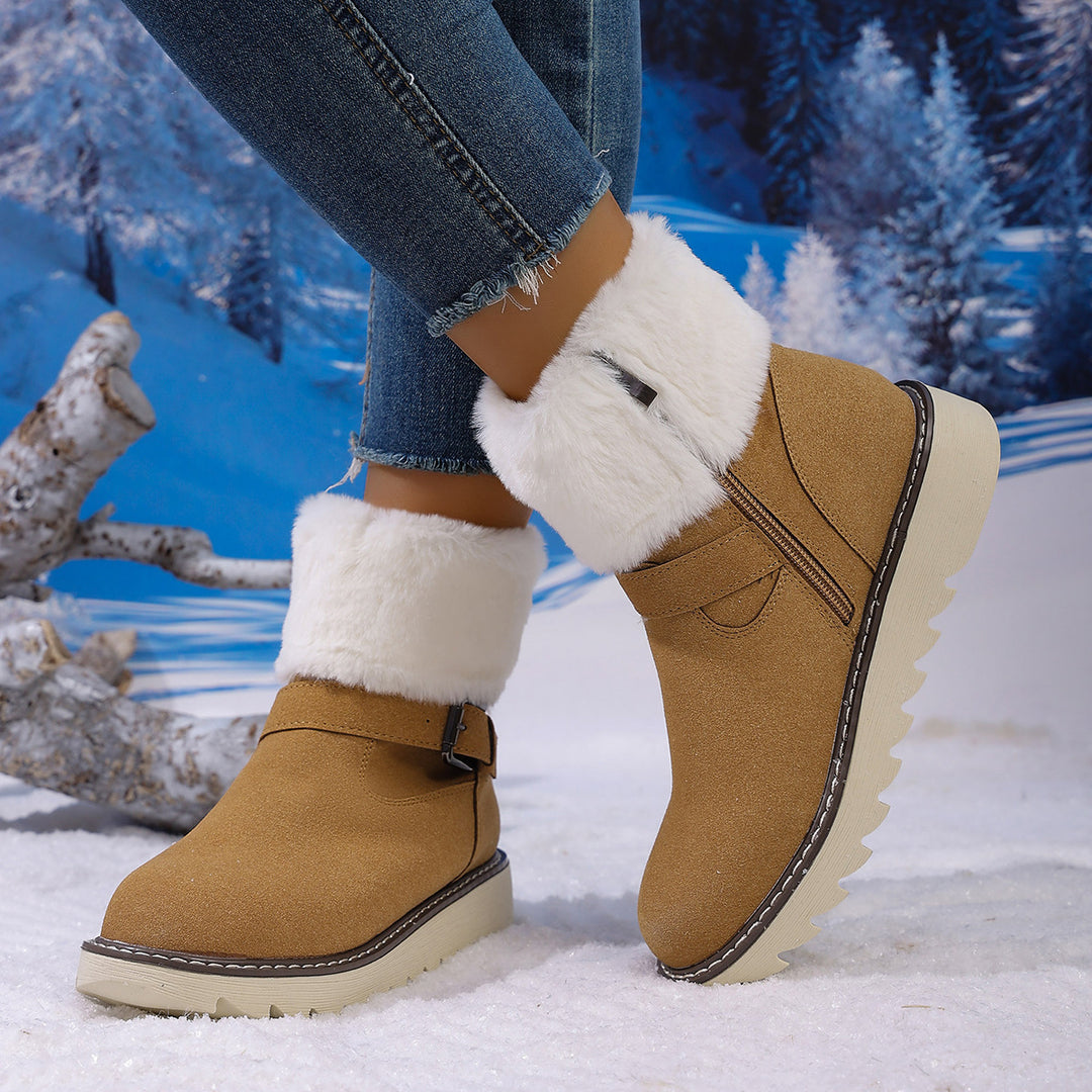 Damen Gefütterte Kurzstiefelette mit Kunstfellkragen, Velours‑Optik und Zierschnalle Shop Nory