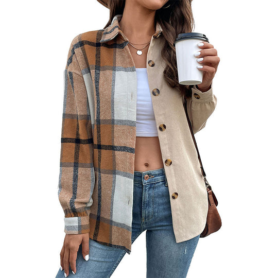 Damen Oversize‑Hemdjacke mit zweigeteilter Karo‑ und Uni‑Optik und Knopfleiste Shop Nory