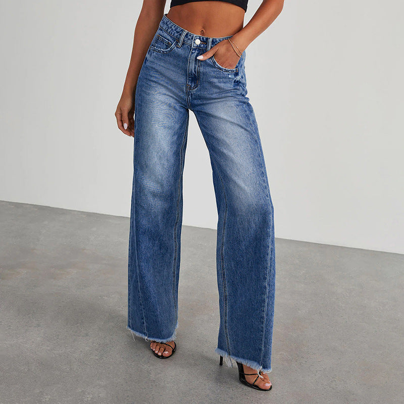 Damen High-Waist Schlagjeans mit weitem Bein und ausgefranstem Saum Shop Nory