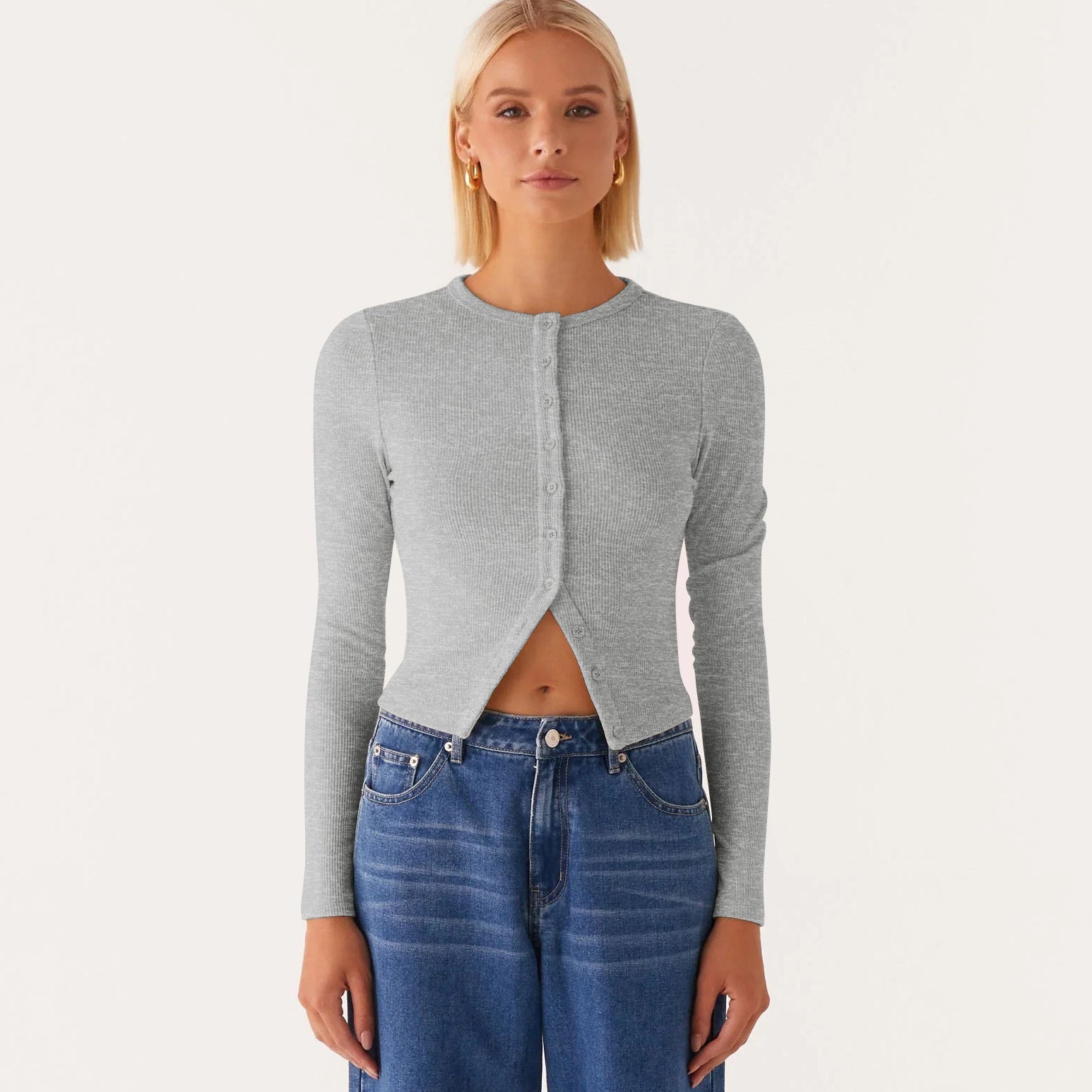 Einfarbige schmal geschnittene lange Strickjacke