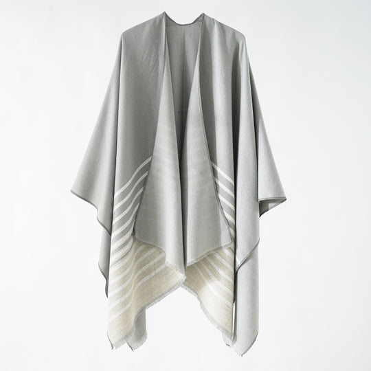 Damen Oversize-Umhangponcho im kastigen Fall mit diagonalem Streifenpanel und feinfransigem Saum Shop Nory