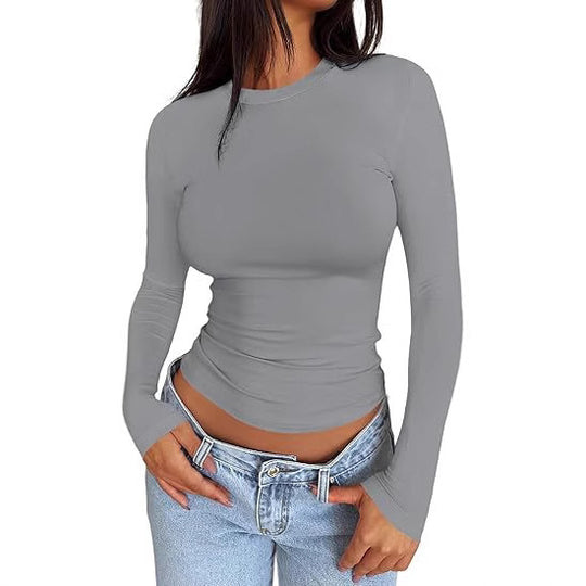 Damen Körpernahes Langarmshirt im Cropped-Look mit verlängerten Ärmeln und Daumenloch Shop Nory