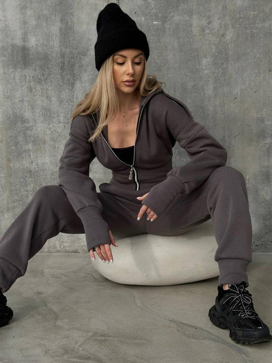 Damen Figurbetontes Kapuzen-Loungewear-Set mit tailliertem Zip-Hoodie und High-Waist Jogginghose Shop Nory