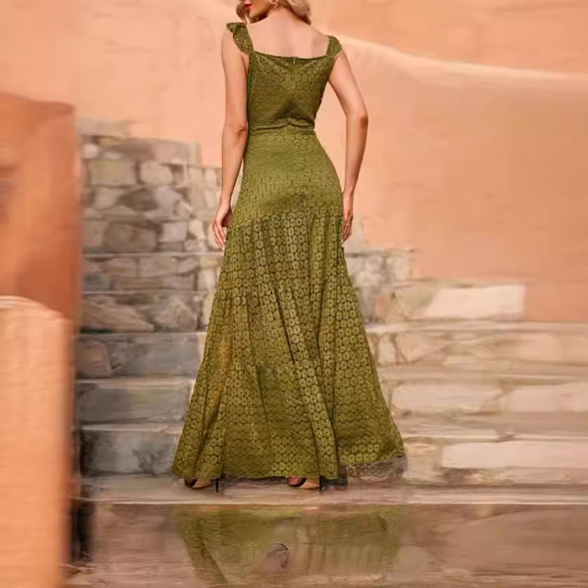 Damen Maxikleid mit exquisite Häkelstruktur und fließendem Rock