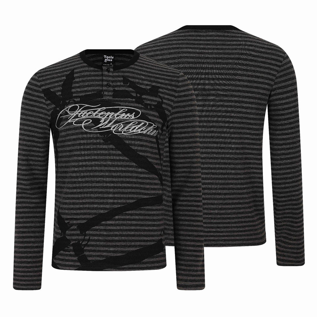 Herren Gestreiftes Longsleeve-Henley mit Knopfleiste und Typo-Print Shop Nory
