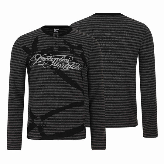 Herren Gestreiftes Longsleeve-Henley mit Knopfleiste und Typo-Print Shop Nory