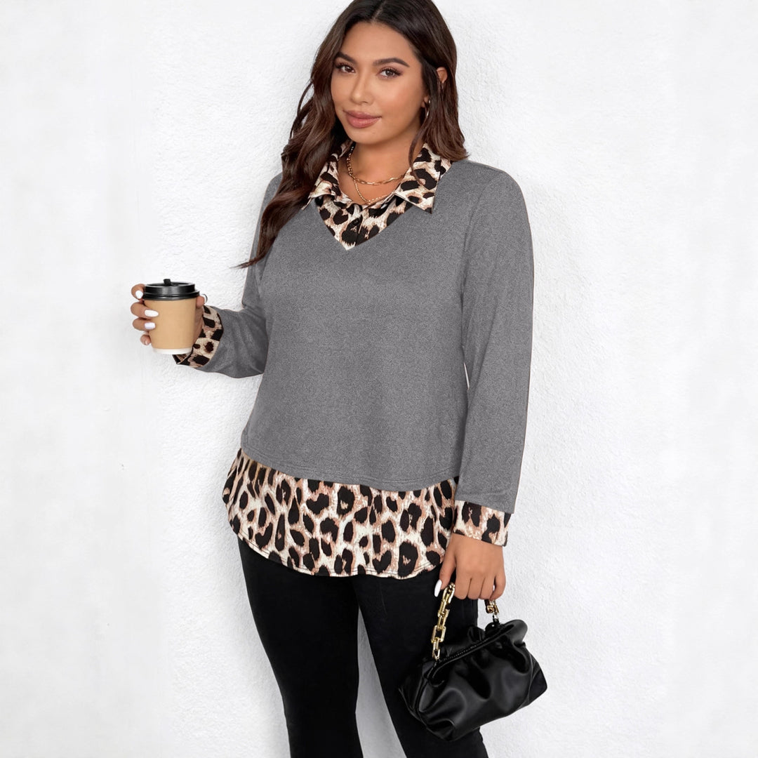 Damen Lagenlook-Pullover mit V-Ausschnitt und Leoprint-Blusen-Einsatz Shop Nory