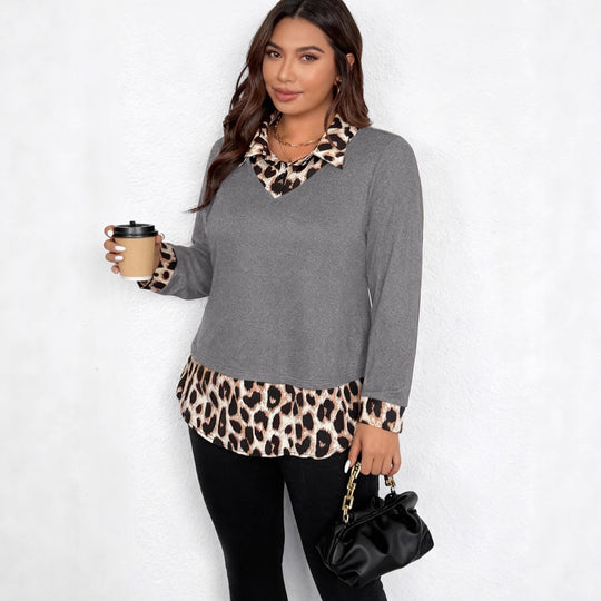 Damen Lagenlook-Pullover mit V-Ausschnitt und Leoprint-Blusen-Einsatz Shop Nory
