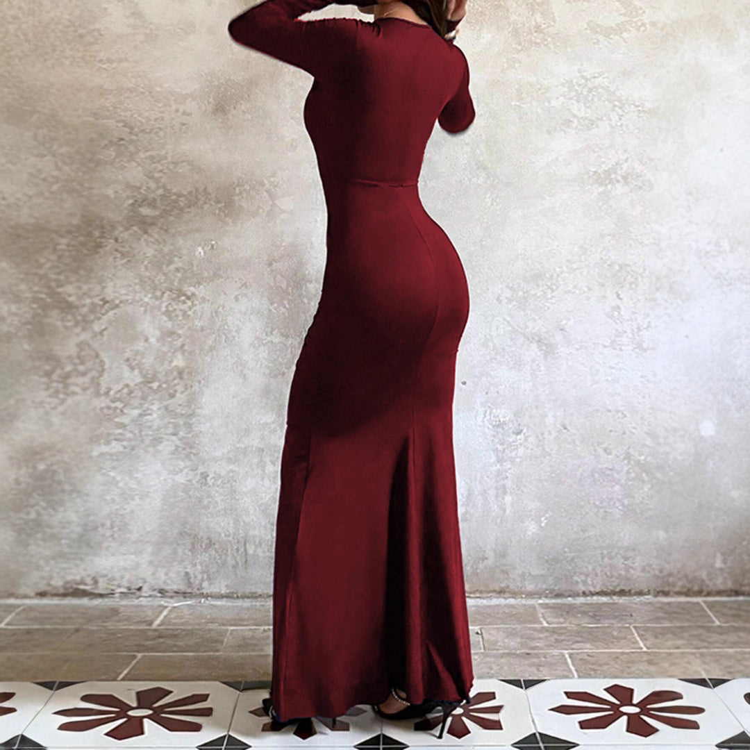 Damen nan eng anliegendes Abendkleid mit langen Ärmeln, geraffter Taille und asymmetrischem Volant Shop Nory