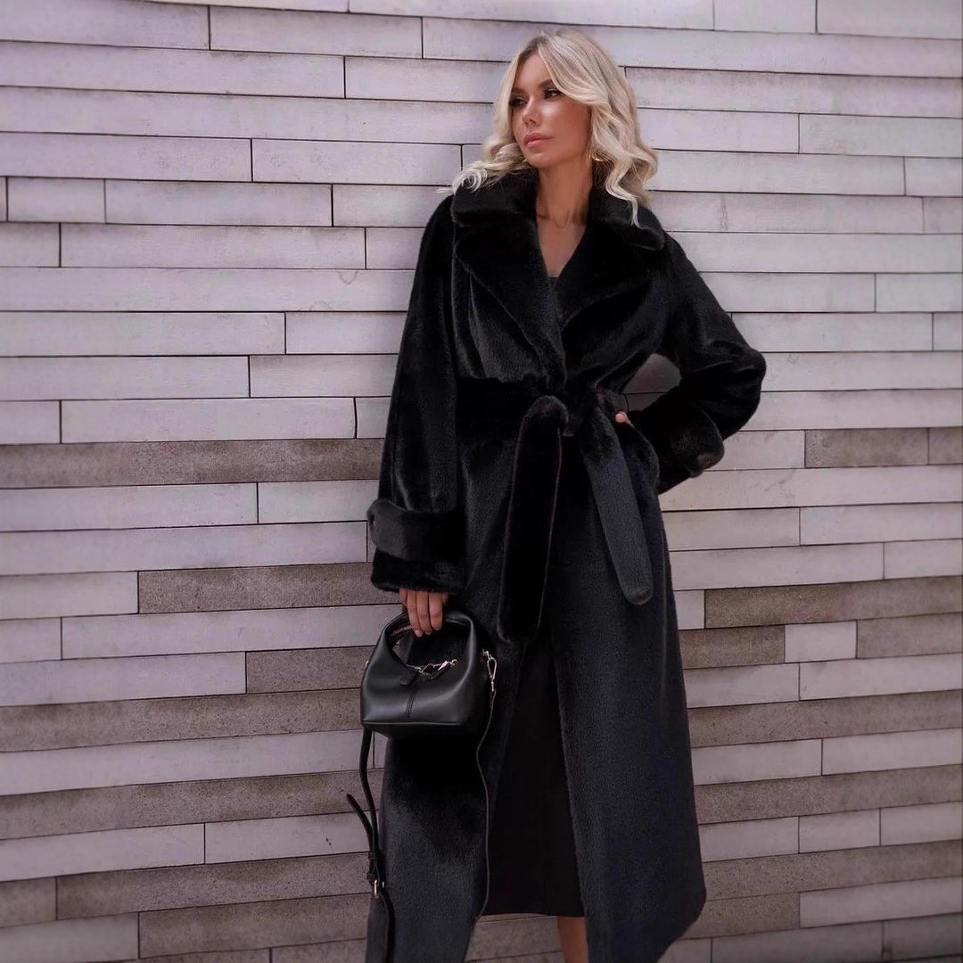 Damen Eleganter Maxi-Wollmantel mit Taillengürtel, breitem Revers und krempelbaren Manschetten Shop Nory