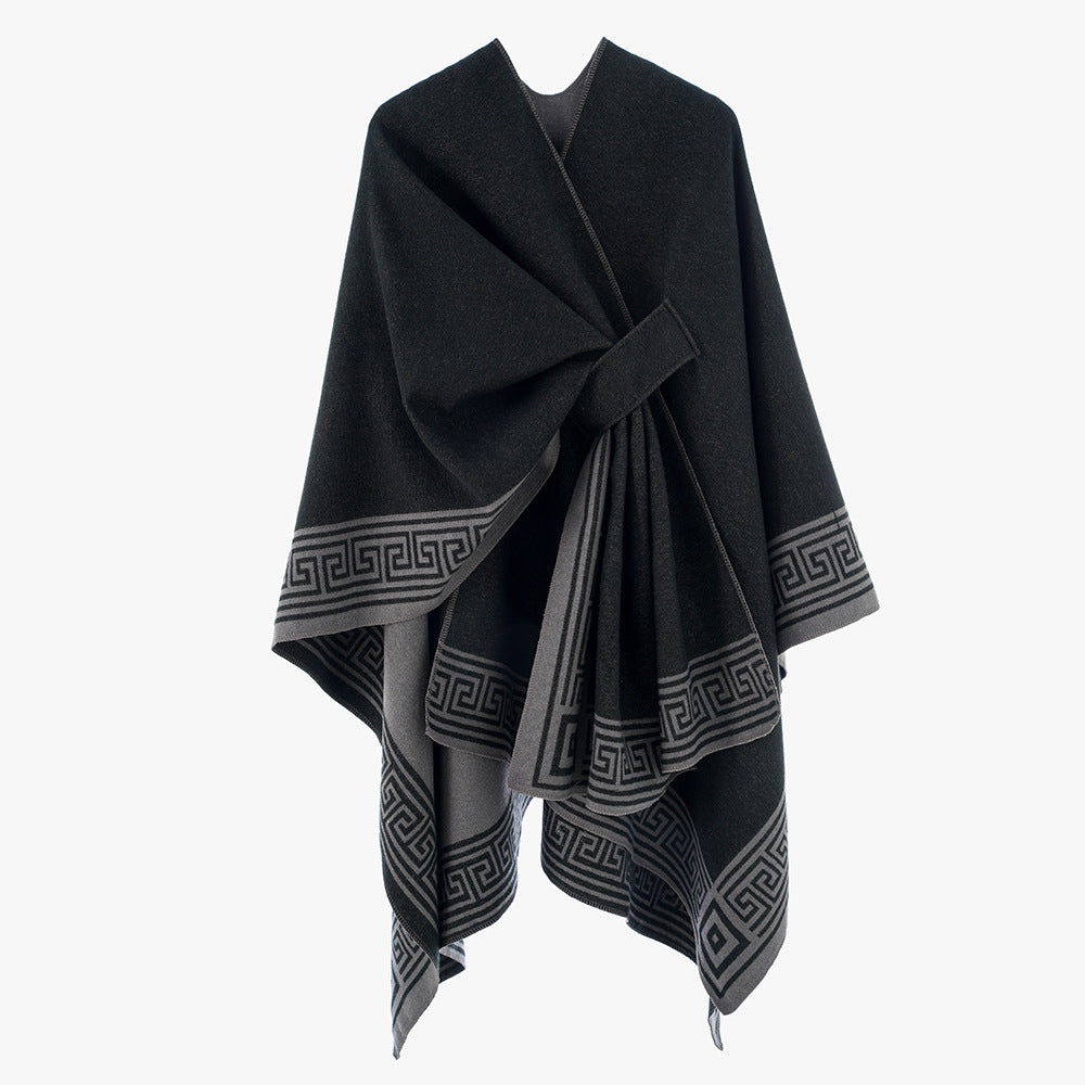 Damen Wendbarer Poncho aus Kaschmir‑Mischung mit grafischem Bordürenprint und Taillengürtel Shop Nory