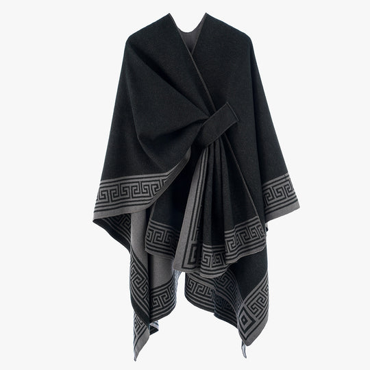 Damen Cape-Umhang aus Wollmix, reversibel mit Bindegürtel und Mäanderbordüre Shop Nory