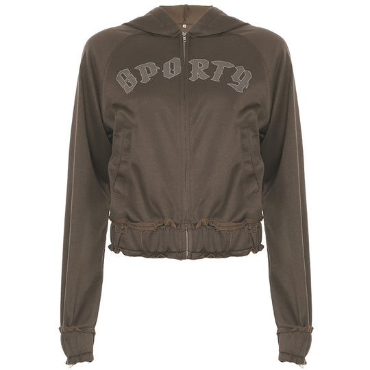 Damen nan taillierte Cropped-Kapuzenjacke mit durchgehendem Reißverschluss, elastischem Abschlussbund und dekorativem College-Print Shop Nory