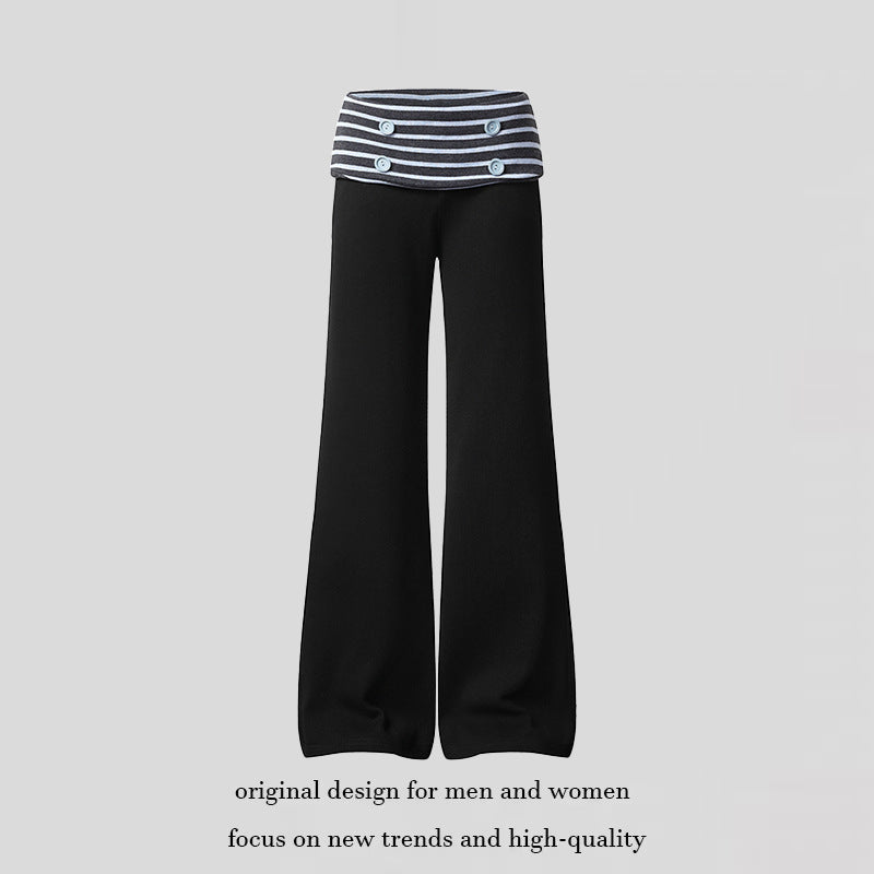 Damen Weite Loungewear-Hose mit umschlagbarem Streifenbund und Zierknöpfen Shop Nory