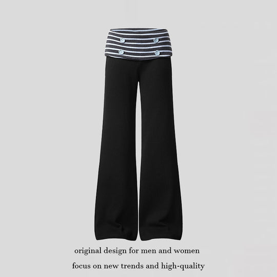 Damen Weite Loungewear-Hose mit umschlagbarem Streifenbund und Zierknöpfen Shop Nory