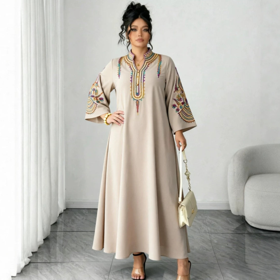 Damen Besticktes Maxikleid im Kaftan-Stil mit Stehkragen und Glockenärmeln Shop Nory
