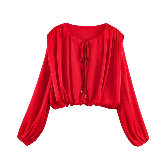 Damen nan luftige Boho Carmen-Bluse mit Kordelzug, weiten Ballonärmeln und elastischem Saum Shop Nory