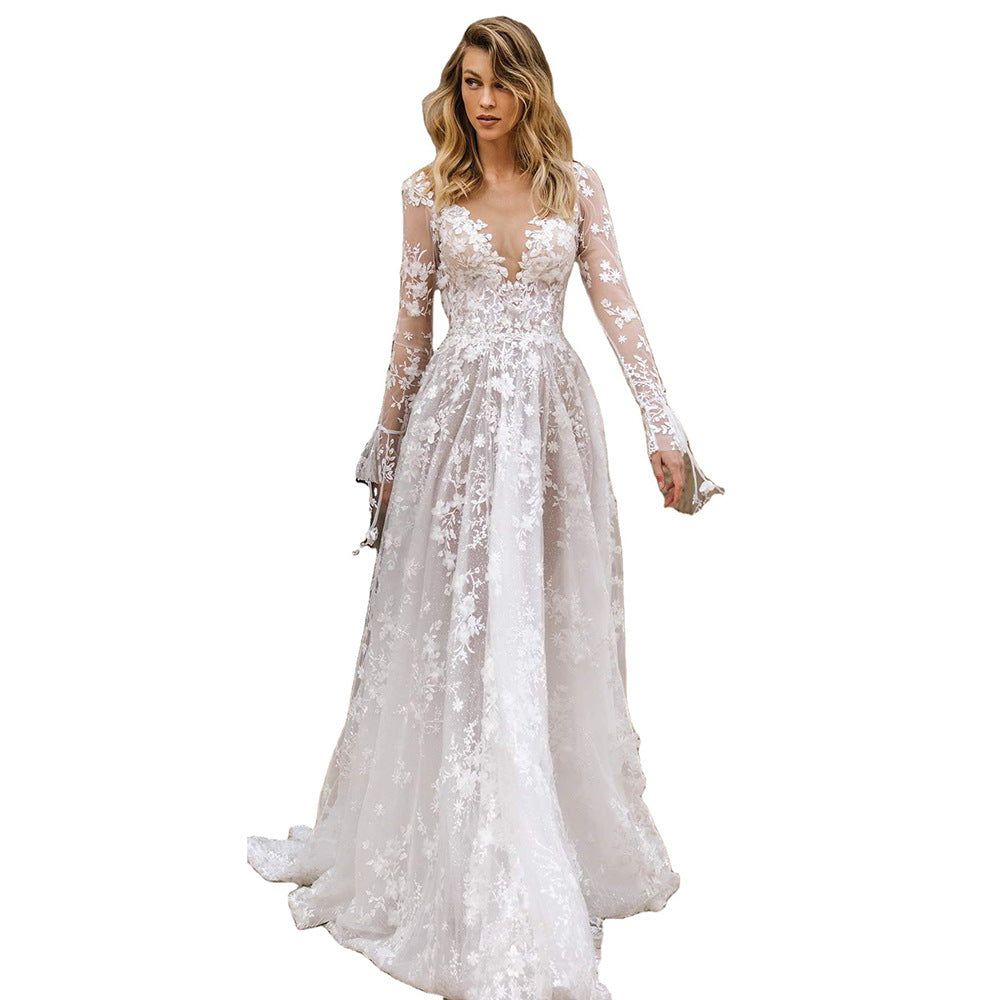 Damen Elegantes Hochzeitskleid mit floralen Spitzenapplikationen und tiefem V-Ausschnitt
