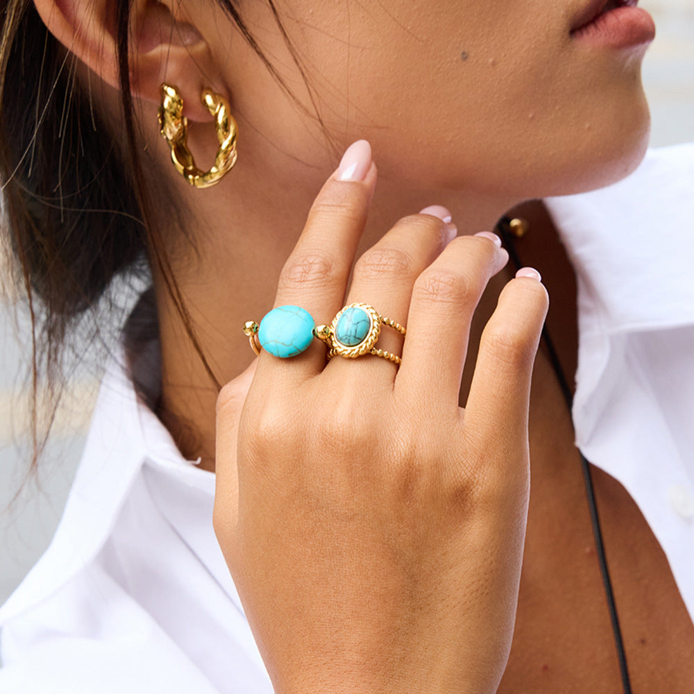 Damen Offener Ring mit funkelndem Türkis-Edelstein und eleganter Edelstahlverarbeitung Shop Nory