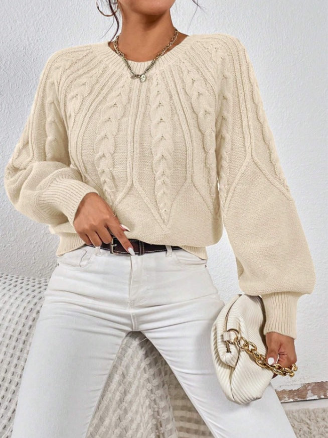 Damen nan kurzer Zopfmuster-Strickpullover mit Ballonärmeln und geripptem Saum Shop Nory