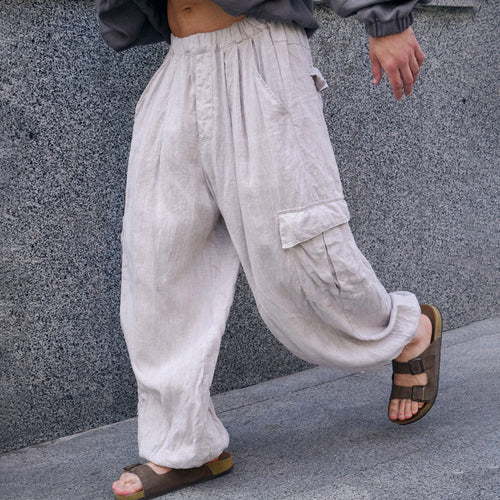 Herren Weite Leinen-Cargohose mit elastischem Bund, Falten und aufgesetzter Seitentasche Shop Nory